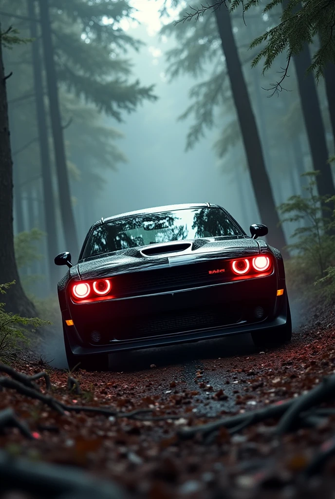 Black Dodge challenger demon with red eye is driving in forest around running monsters