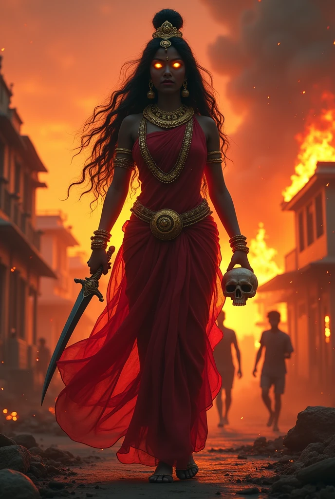cinematic animated character art, shillouete of a woman dressed as godess Kali standing on street, wearing red saree, golden indian jewellery, dark skin, glowing eyes, long luscious hair, focused expression, wearing skulls as garland and holding a sword and skull, village set on fire in background, temple ruins, Chaos, people running, glowing particles in atmosphere , colour graded, vibrant, 4khd