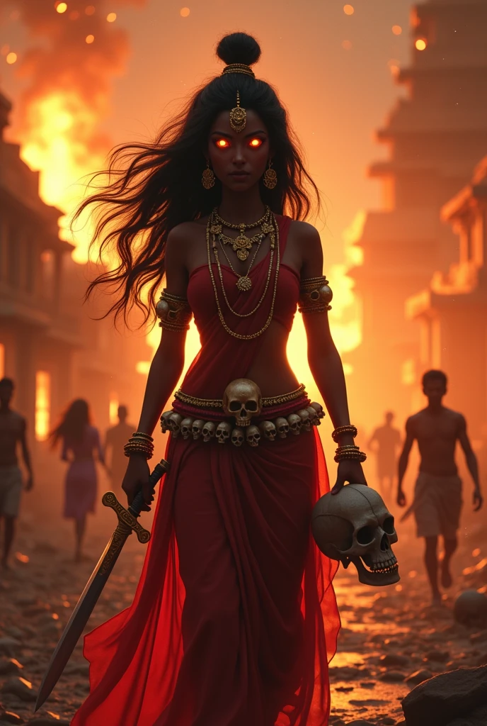 cinematic animated character art, shillouete of a woman dressed as godess Kali standing on street, wearing red saree, golden indian jewellery, dark skin, glowing eyes, long luscious hair, focused expression, wearing skulls as garland and holding a sword and skull, village set on fire in background, temple ruins, Chaos, people running, glowing particles in atmosphere , colour graded, vibrant, 4khd