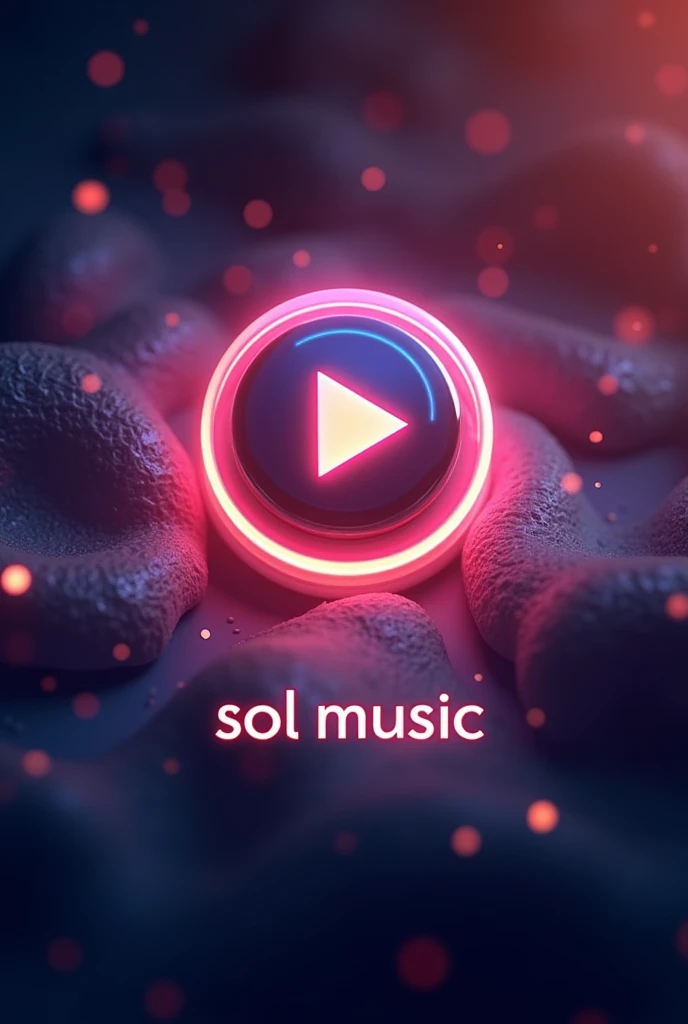 Play button with glowing background representing music and the words "Sol Music" below the button