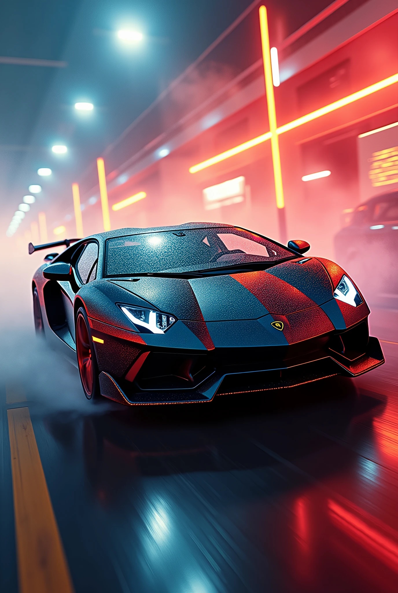 create a race between lamborghini aventador color black, oldtimer, bright, colorful pictures in a photo album, design by retrofutur2, Studio lighting, Volumetric lighting, god rays, CarHelper, PhotoHelper, Perfect composition