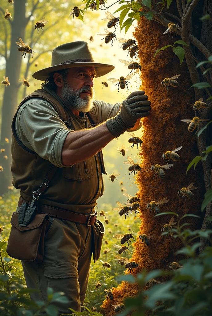 A man cutting behive
make bees appear
Make bees more dangerous
Make bees angrier