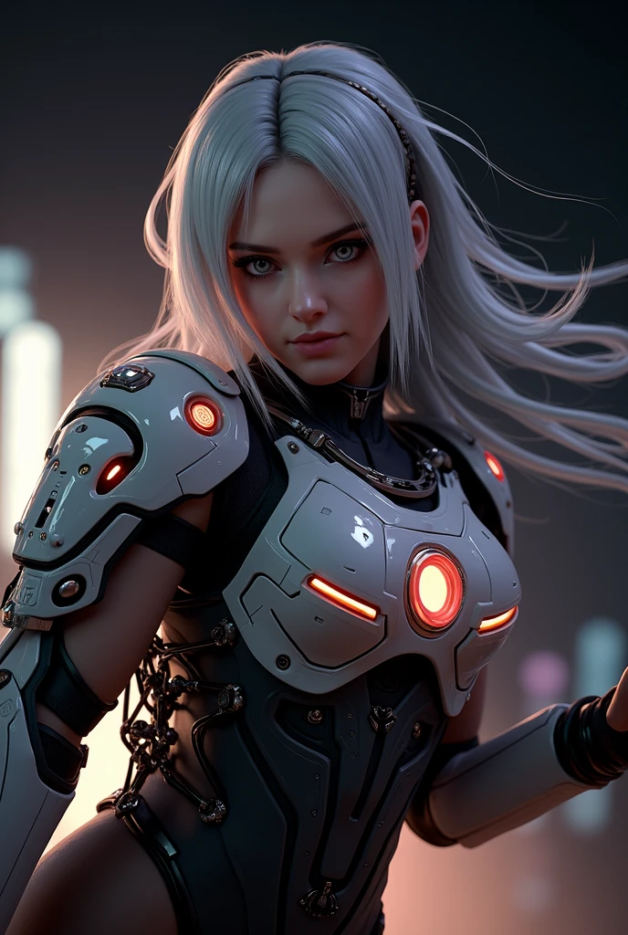 a woman in a futuristic suit with a glowing head and chest, cyberpunk art inspired by Marek Okon, cgsociety contest winner, digital art, gynoid cyborg body, girl in mecha cyber armor, cyber suit, cybersuit, in white futuristic armor, cybersuits, diverse cybersuits, gynoid body, echo from overwatch, perfect anime cyborg woman