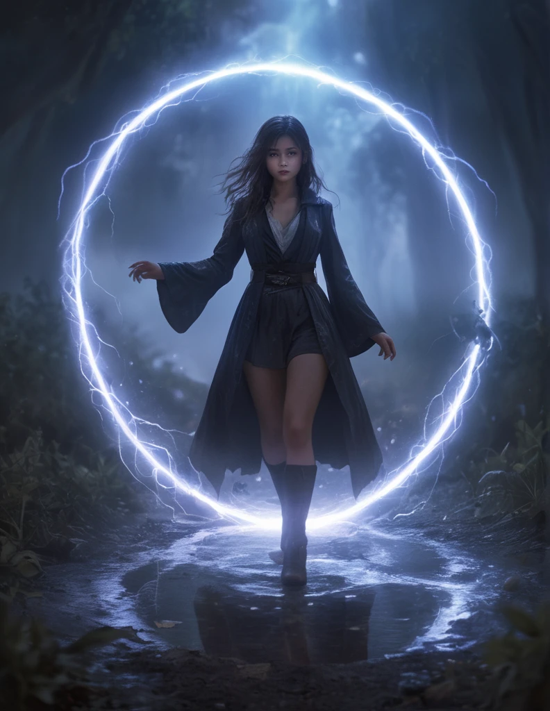 solo, 1girl, wearing high garden magical clothes, magical particles, magic stream, white mists, summons a lightning spirit from a magic circle drawn on the ground, glowing wisps, darkness surrounding, at night, sharp details, masterpiece, best quality, extremely detailed eyes and face, perfect light