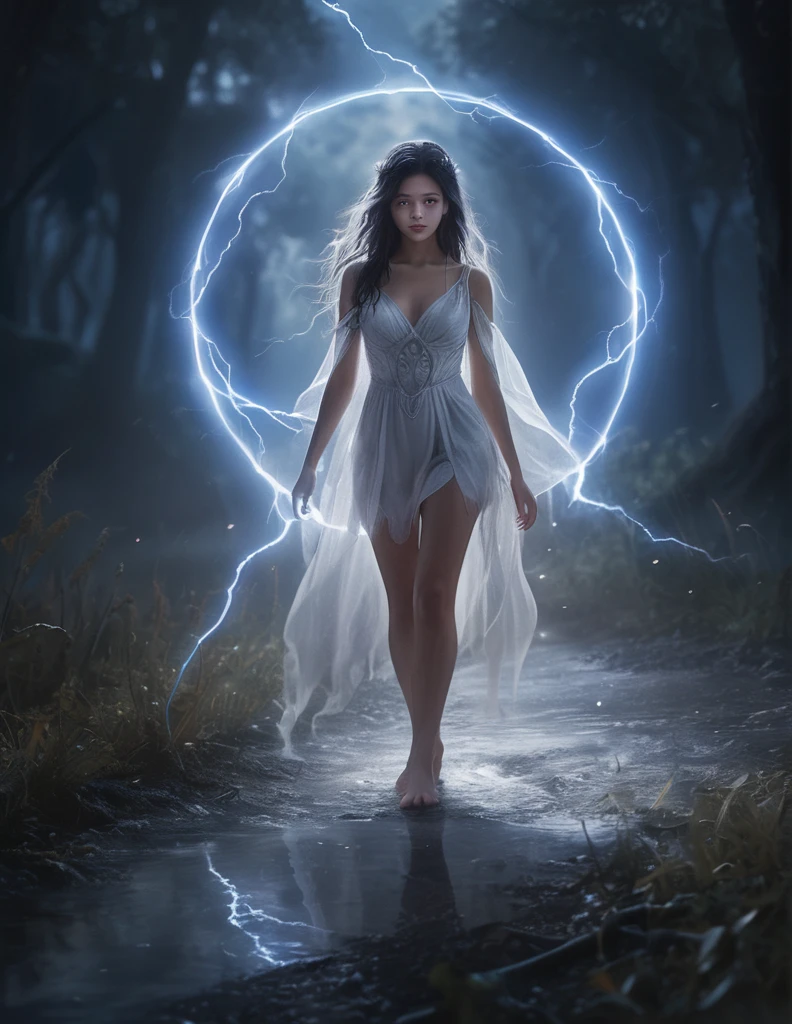 solo, 1girl, wearing high garden magical clothes, magical particles, magic stream, white mists, summons a lightning spirit from a magic circle drawn on the ground, glowing wisps, darkness surrounding, at night, sharp details, masterpiece, best quality, extremely detailed eyes and face, perfect light