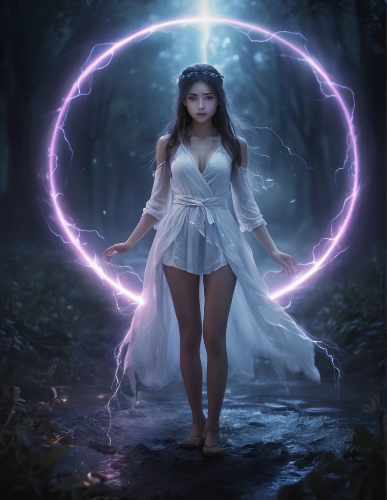 solo, 1girl, wearing high garden magical clothes, magical particles, magic stream, white mists, summons a lightning spirit from a magic circle drawn on the ground, glowing wisps, darkness surrounding, at night, sharp details, masterpiece, best quality, extremely detailed eyes and face, perfect light