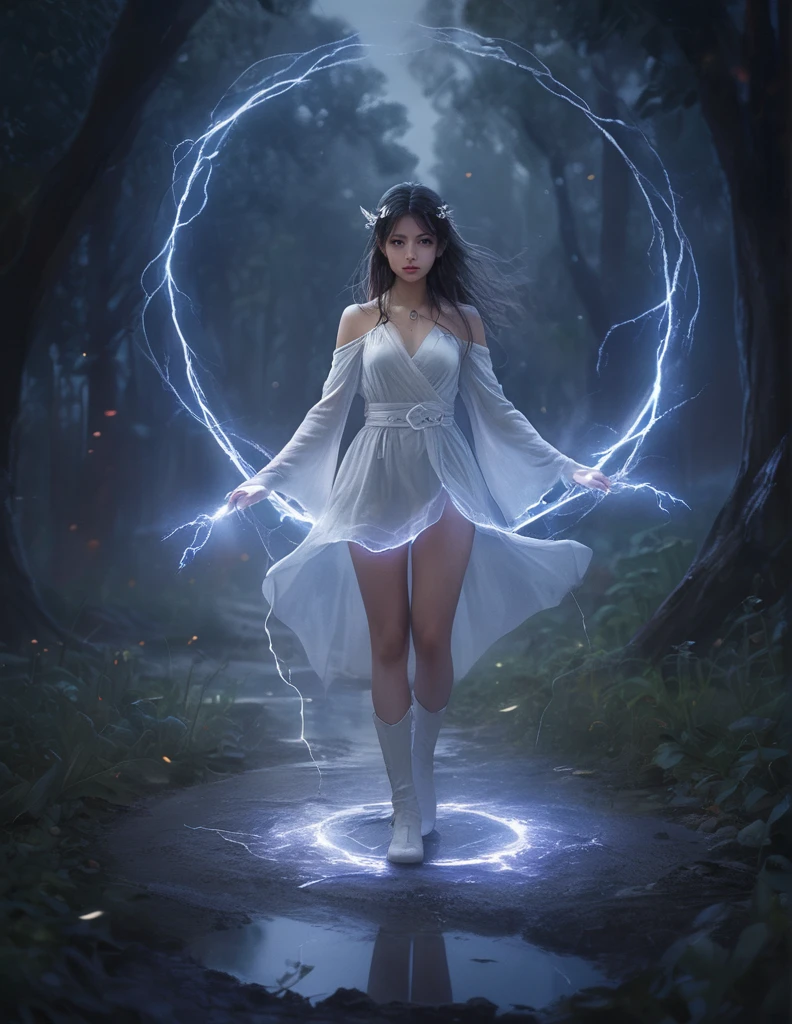 solo, 1girl, wearing high garden magical clothes, magical particles, magic stream, white mists, summons a lightning spirit from a magic circle drawn on the ground, glowing wisps, darkness surrounding, at night, sharp details, masterpiece, best quality, extremely detailed eyes and face, perfect light