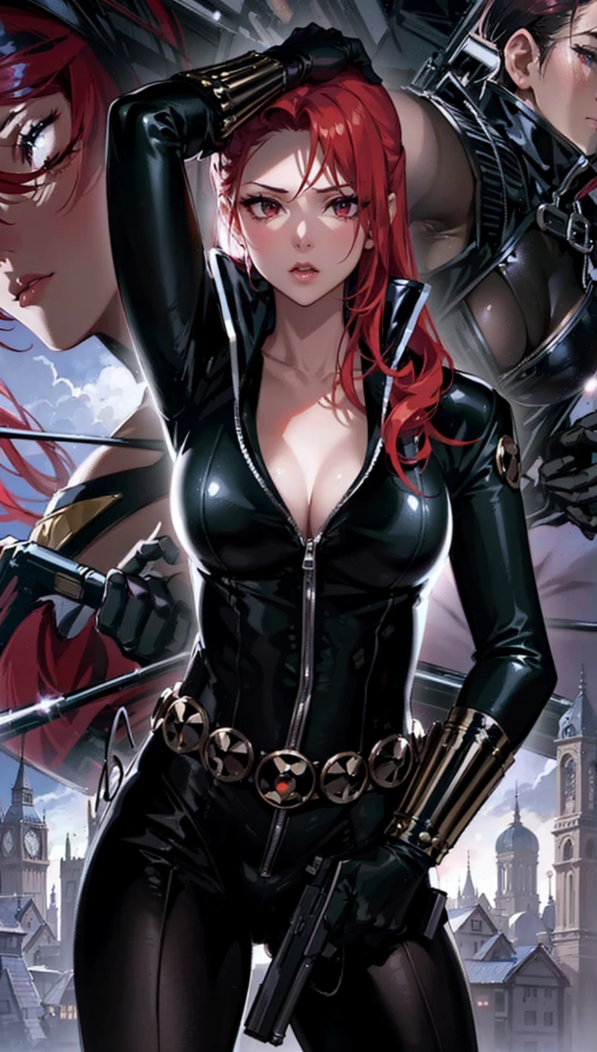 The image features a girl with long, bright red hair, dressed in a sleek skin-tight shiny black latex bodysuit with a deep-cut zipper neckline revealing a large chest, the silver zipper running down the front. The suit is complemented by her iron wrist guard on both wrists and a belt made of silver circles around her waist. She holds a gun in each hand in a ready position, while her other hand is touching her hair. Placed against a dark city backdrop, the scene includes buildings and might contain elements resembling a clock tower, suggesting an urban setting. This composition is emblematic of a superhero genre, highlighting central and ancillary characters, with an overtone of action and vigilance.