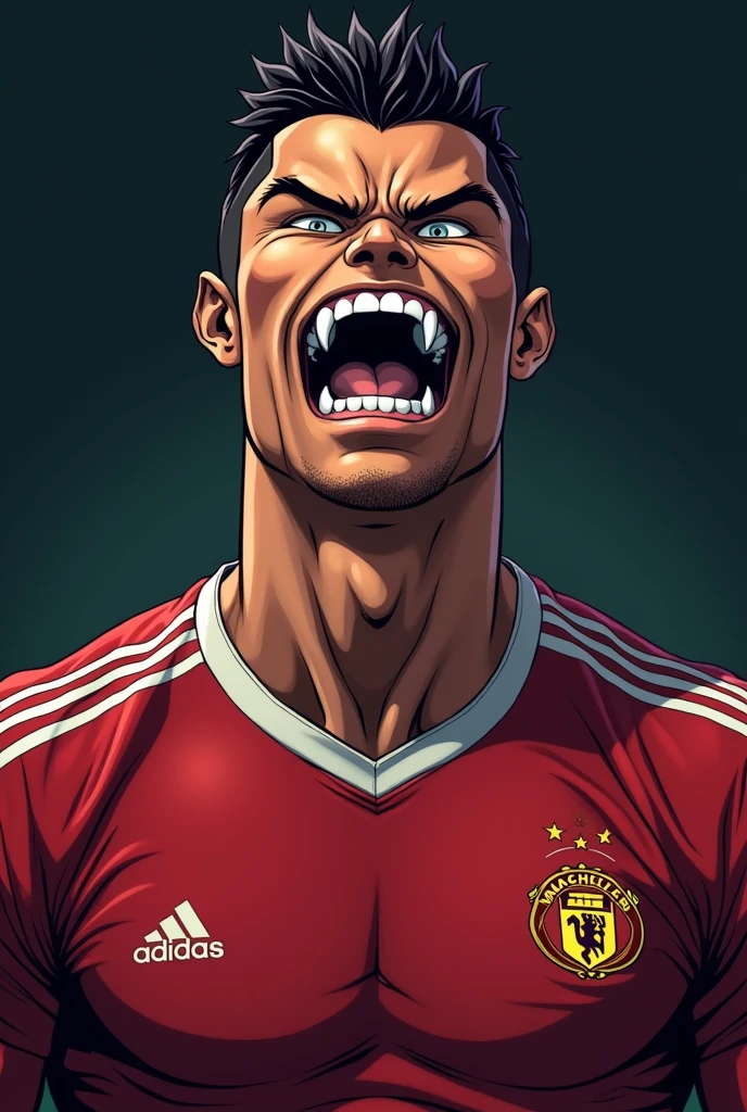 Make a Ronaldo picture with his evil laugh and make his picture in anime style and it's looks like anime character  and it's look in straight direction 