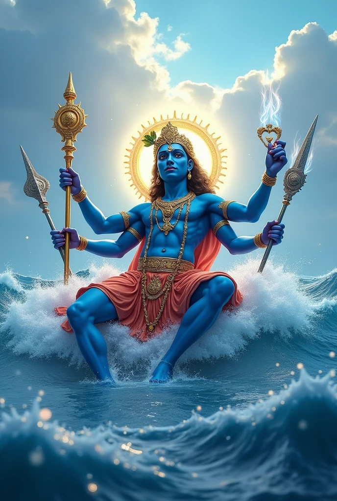 Lord krishna is laying on the ocean with might power handling all the weapons 