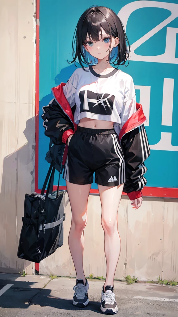 (Realistic painting style:1.0), Masterpiece, Best quality, absurderes, comic strip, illustration,
1 girl, Medium hair, Cute girl, young and cute girl, Korean girl, {Breasts}, Width 17,
A girl in a white shirt and black shorts, Wearing track suit, croptop, trending on r/Street attire, She is seen wearing streetwear pieces, Wearing track suit, Sportswear,