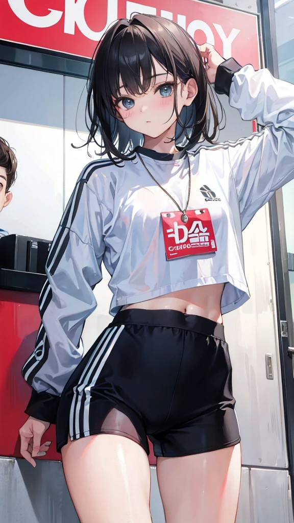(Realistic painting style:1.0), Masterpiece, Best quality, absurderes, comic strip, illustration,
1 girl, Medium hair, Cute girl, young and cute girl, Korean girl, {Breasts}, Width 17,
A girl in a white shirt and black shorts, Wearing track suit, croptop, trending on r/Street attire, She is seen wearing streetwear pieces, Wearing track suit, Sportswear,
