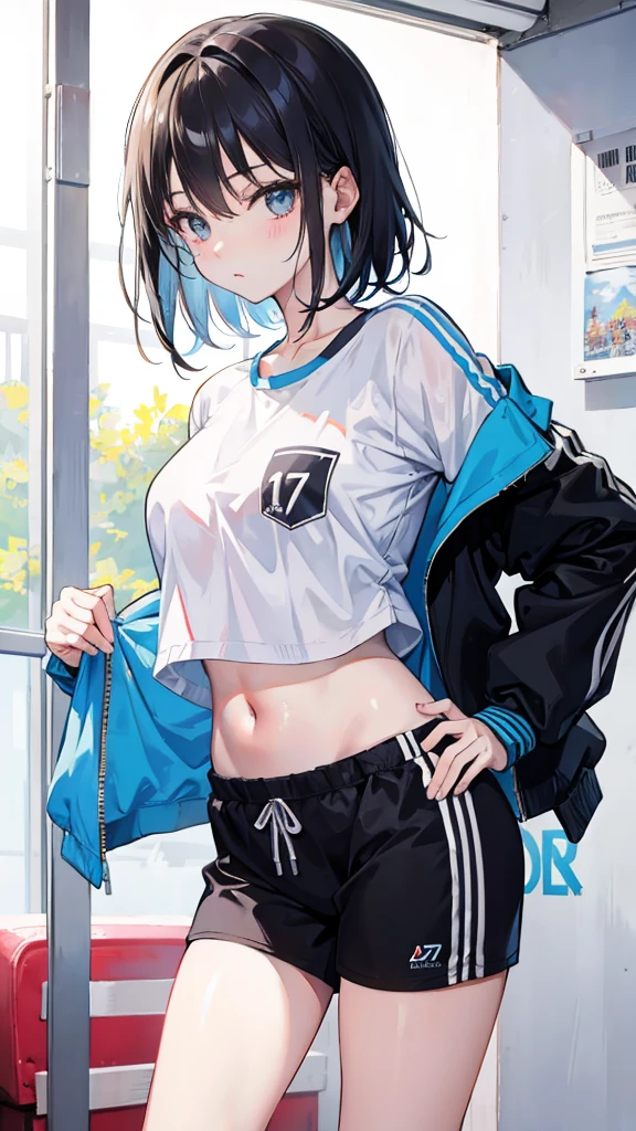 (Realistic painting style:1.0), Masterpiece, Best quality, absurderes, comic strip, illustration,
1 girl, Medium hair, Cute girl, young and cute girl, Korean girl, {Breasts}, Width 17,
A girl in a white shirt and black shorts, Wearing track suit, croptop, trending on r/Street attire, She is seen wearing streetwear pieces, Wearing track suit, Sportswear,