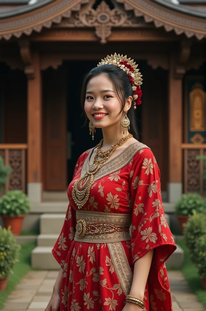 A young and beautiful Minang woman, age 20, dressed in detailed traditional Minang clothing and wearing Minang sandals. She stands proudly in front of a traditional Minang house with an intricately carved roof and wooden walls. Her pose exudes elegance and confidence, with bright lighting accentuating the vibrant fabrics and cultural details of her attire. The scene is richly textured with realistic elements of Minang culture, from her traditional jewelry to the environment around her. Cinematic, dramatic, realistic, hyper-detailed, 8K, ultra-sharp, UHD.
