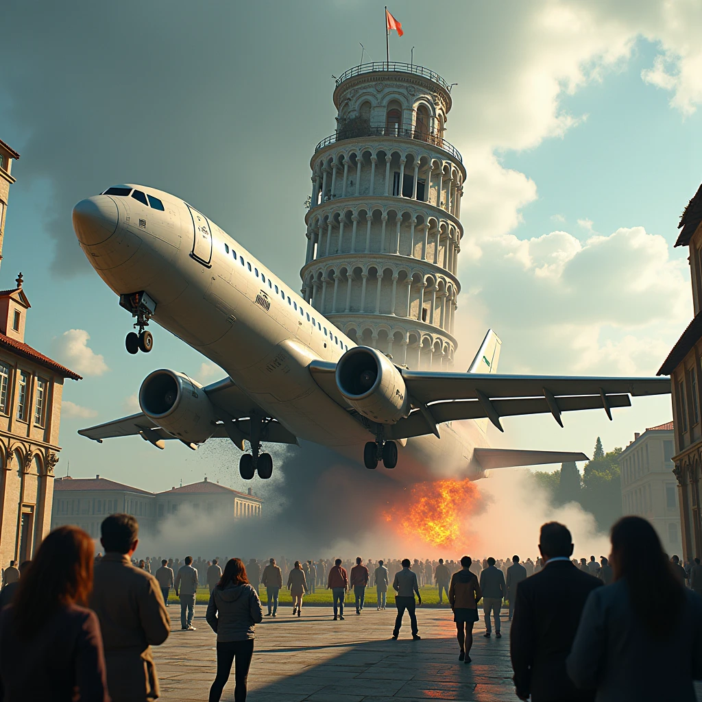 realistic style, photo, photorealistic, high detail, (sharp), (photorealism:1.2), (photo:1.2) of a plane crashed into the "Torre di Pisa", in Italy. There is a broken plane into the tower. Smoke, fire and flames from twisted plane sheets. People screaming and crying desperately. Wide angle view.