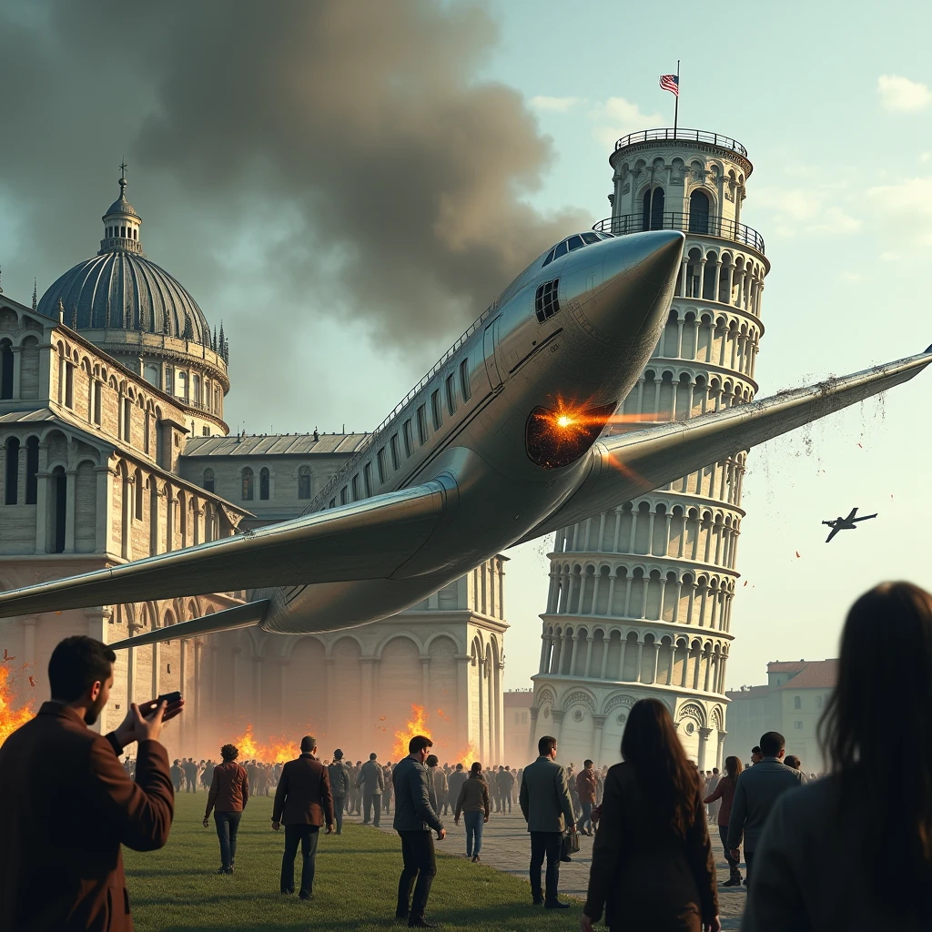 realistic style, photo, photorealistic, high detail, (sharp), (photorealism:1.2), (photo:1.2) of a plane crashed into the "Torre di Pisa", in Italy. There is a broken plane into the tower. Smoke, fire and flames from twisted plane sheets. People screaming and crying desperately. Wide angle view.