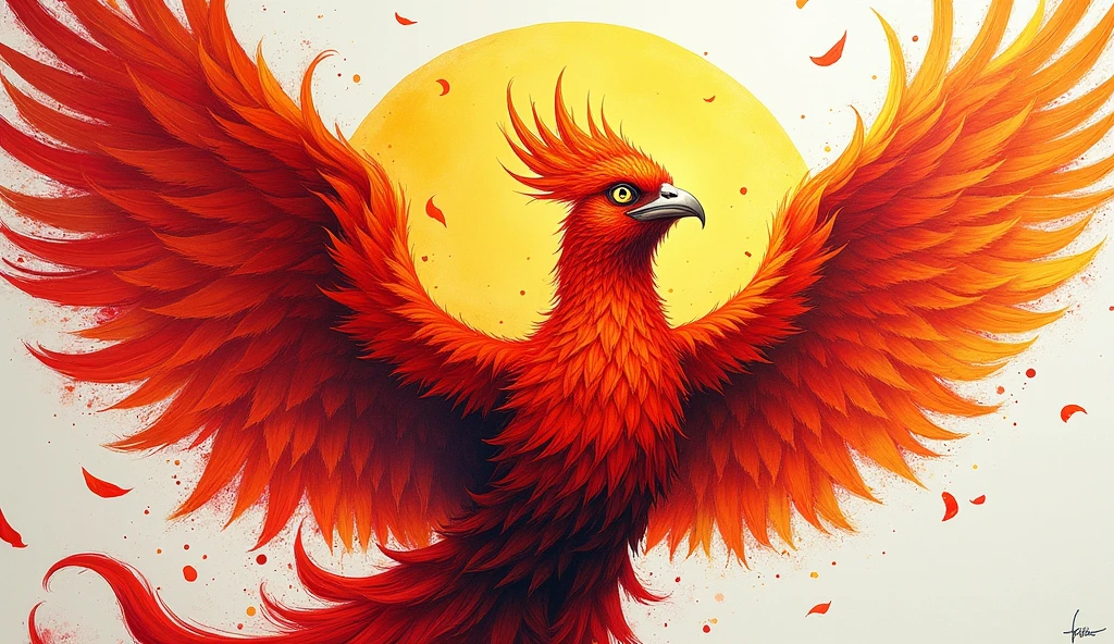 1 charming phoenix, detailed feathered, Feather crown,Spread wings,Glowing eyes,Ink Art, Vibrant lines, Bold form, Superb technology, Rich texture, Bright red、Orange and gold,Eye-catching blue, High contrast, Expressive brushstrokes, Lively Action, Texture vector sun background, modern Art, Mixed Media, creative explanation