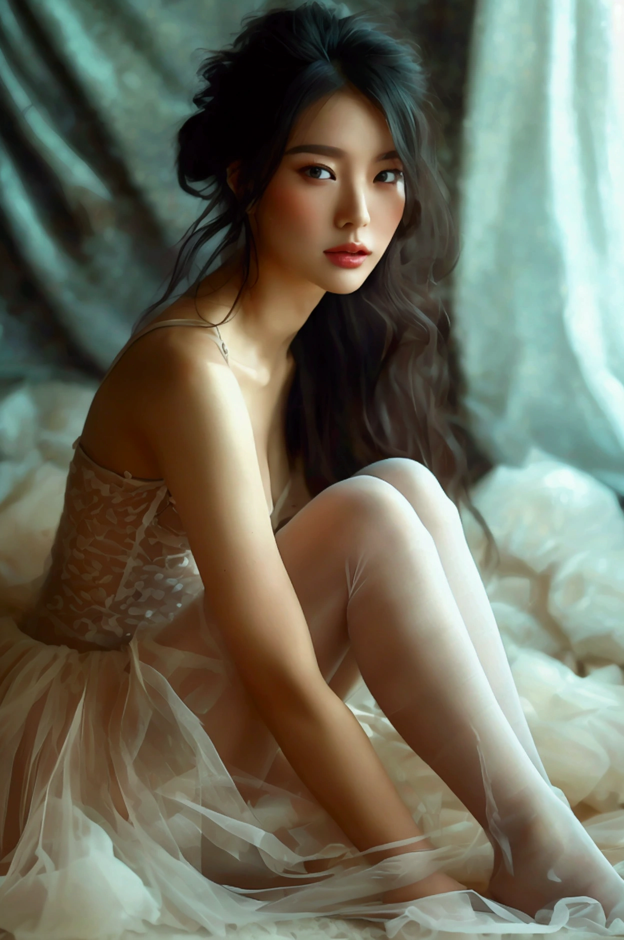 An Asian beauty，Tall figure，Beautiful leg lines，Wear translucent tulle，Breasts are clearly visible，Wear only thin pantyhose on the lower body，Spread your legs apart，Show the inner thigh，Stilettos，full-body shot