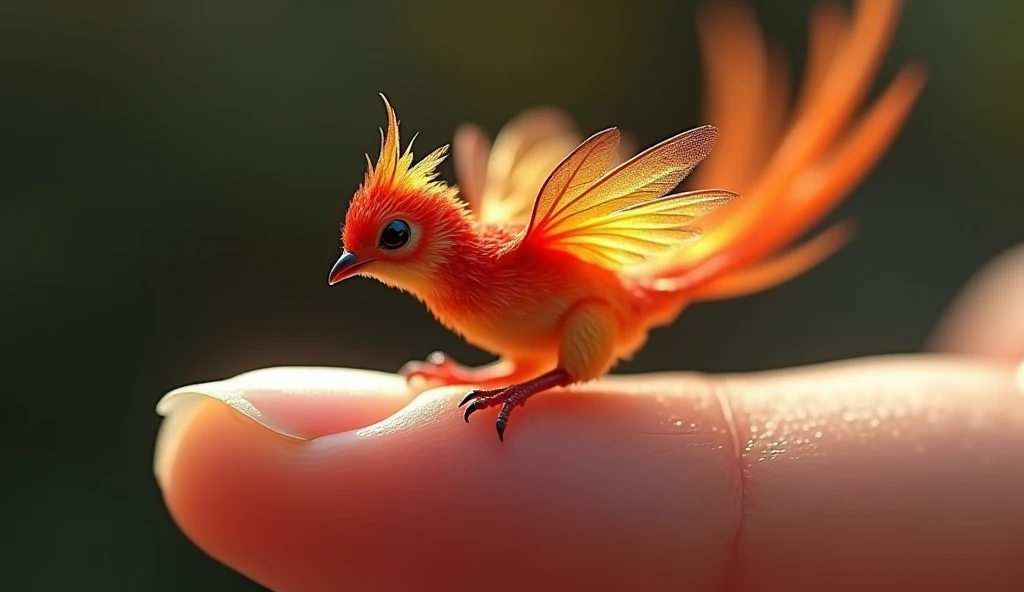 photorealistic, 34K, A microscopic baby phoenix perched on a human finger