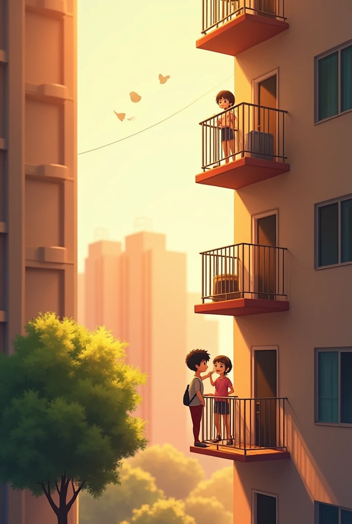 A girl who has standing in 8th floor balcony looking down the boy and the boy who is standing on ground floor near tree looking the girl in balcony by standing diagonal to her and waving his hand up towards her by saying hie by smiling 