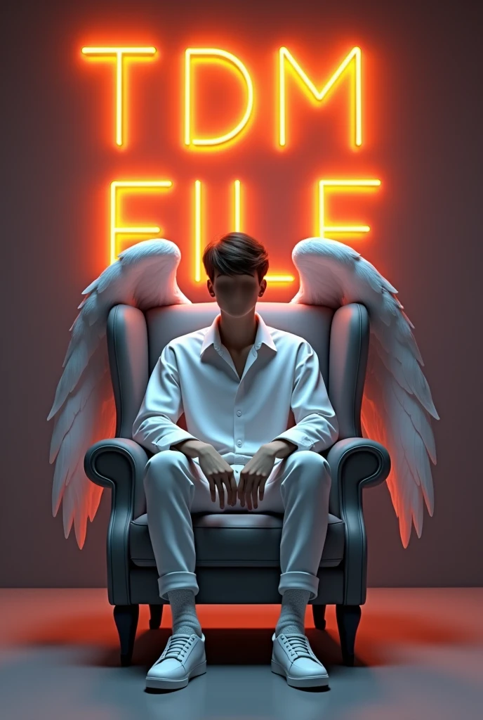 ) Create a 3D illusion for a profile picture where a 20 Year old and no face danger single boy in a white shirt Sitting
casually on a Wingback chair. Wearing
sneakers, he looks ahead. The background features "TDM(••)FILE" in big and capital
Orange neon light fonts on the dark grey wall.
There should not be his shadow, and there are wings to make it appear as fi he is an angel.