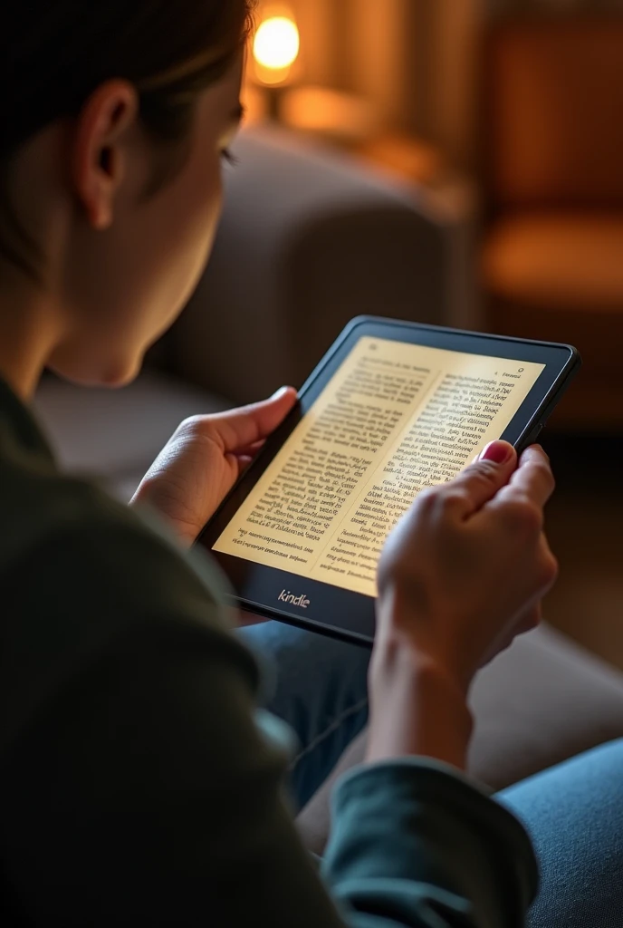 A person is holding a Kindle in one hand, and with the other hand, they are in the motion of turning a page. As the page is being turned, it appears to be physically emerging from the Kindle screen, giving the impression of a real paper page coming to life. The background is a cozy indoor setting with warm lighting, and the person is focused on the Kindle. The page that is turning has visible text, resembling that of a typical book, with part of it still attached to the Kindle screen and the other part transitioning into the physical world.