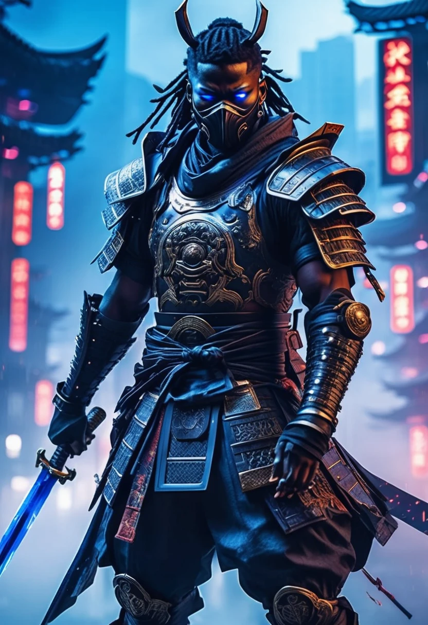 Black samurai in traditional armor、Dramatic and stylish image。, Blue fog in the background、, Cyberpunk city atmospheric background、. The warrior&#39;s armor、Finely crafted in dark colors。, Metallic colors with purple accents、. The helmet、Prominent corners and、Features a spooky mask with purple glowing eyes。, Add a fantastic effect、. The black samurai is holding two swords。, One in each hand, In a powerful and aggressive stance、. The background is covered in blue mist.、Sparkling particles、It enhances the mysterious and intense atmosphere of the scene.。. The overall color tone is dark and subdued.。, Focus on the shades of black、, gray, Electric Samurai.