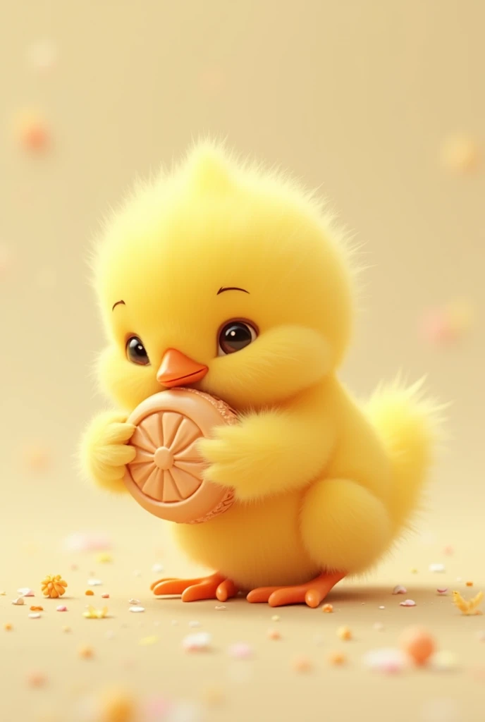 I want a little yellow chick hugging a marzipan with its wrapper