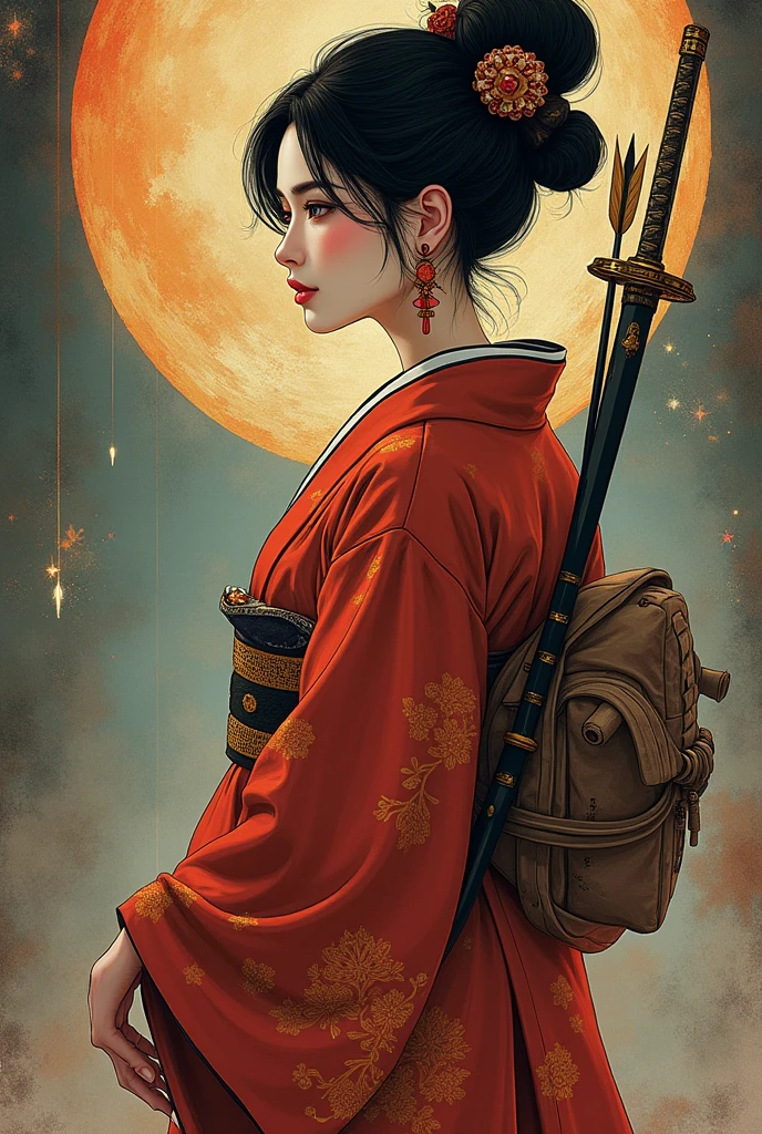 (Ultra-detailed face, looking away, Fantasy Illustration with Gothic, Ukiyo-e, Comic Art, Rich colors), BREAK (Japanese courtesan of the Heian period (794-1185), wearing a black eboshi (headgear), a pair of bracelets over the ears, a vermilion-embroidered robe with a hem of a gesho (undergarment) reaching from the waist to the ground, a hanabuto (half arm) visible under the collar, a belt with a hirago (a flat cord) around the waist, a ceremonial sword with an inlay on the belt, an arrow barrel on his back, an arrow in the barrel, a bow about his height, and a white thimble with a white thong and black leather shoes. He wears white thimble and black leather shoes.)