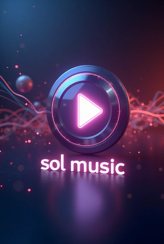 Play button with glowing background representing music and the words "Sol Music" below the button