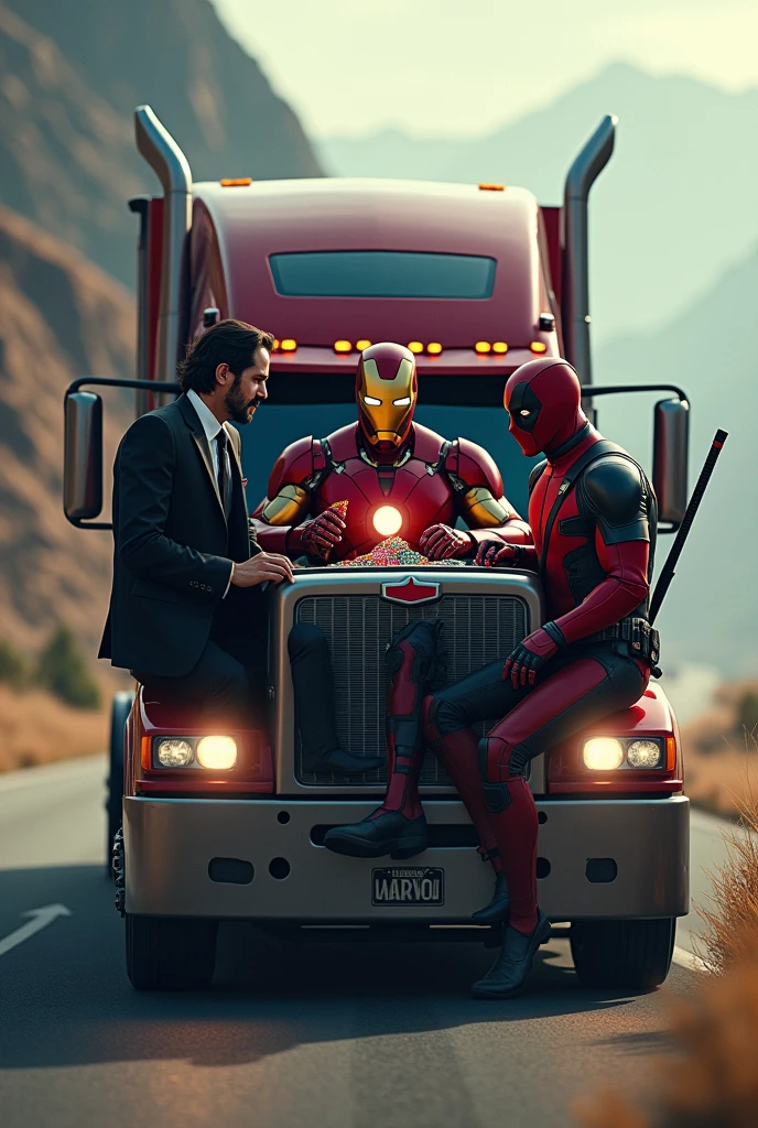 jhon wick, Iron man, Dead Pool playing a game of poker on top of a truck