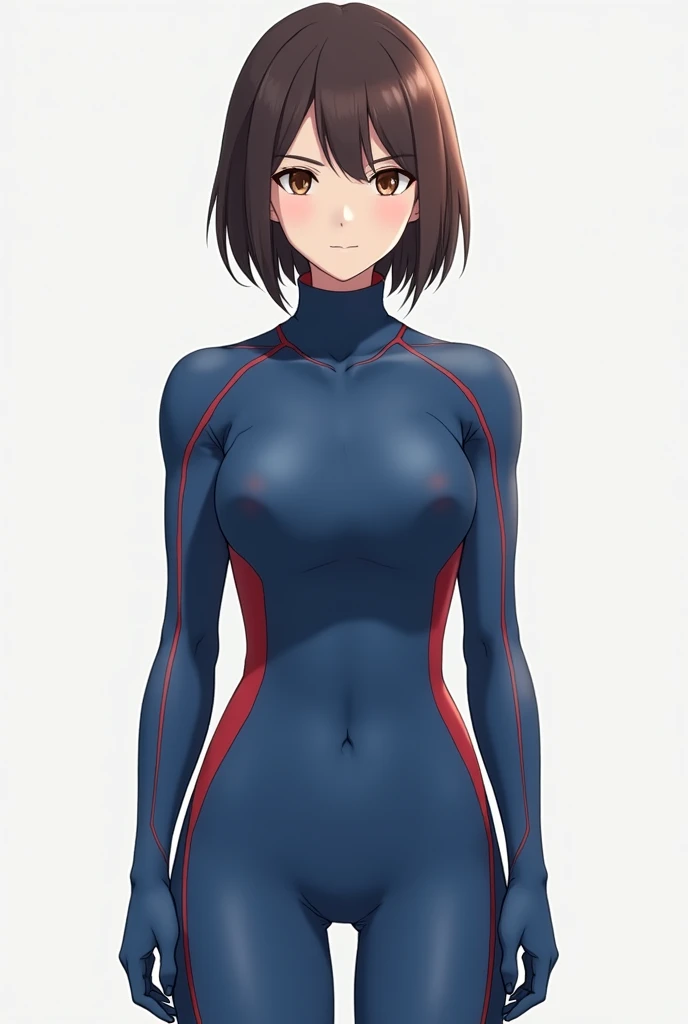 Young with short straight brown hair, thin and small breasts, long sleeves and a high collar、blue rubber with red side lines throughout the suit, From the feet to the sleeves、Runs from the collarbone to the chest, red