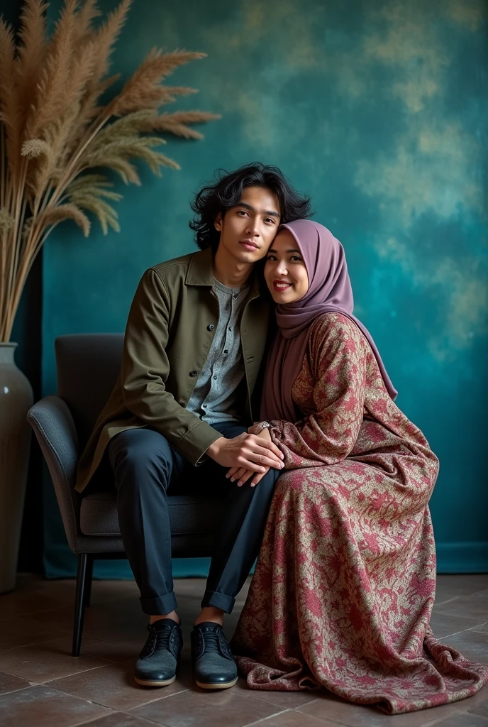 Photography of a 20 year old Asian guy with long curly hair wearing a cool jacket, trousers and shoes, hugging a 3 Indonesian mother wearing a hijab sitting on a chair wearing a cool kebaya with a cool background