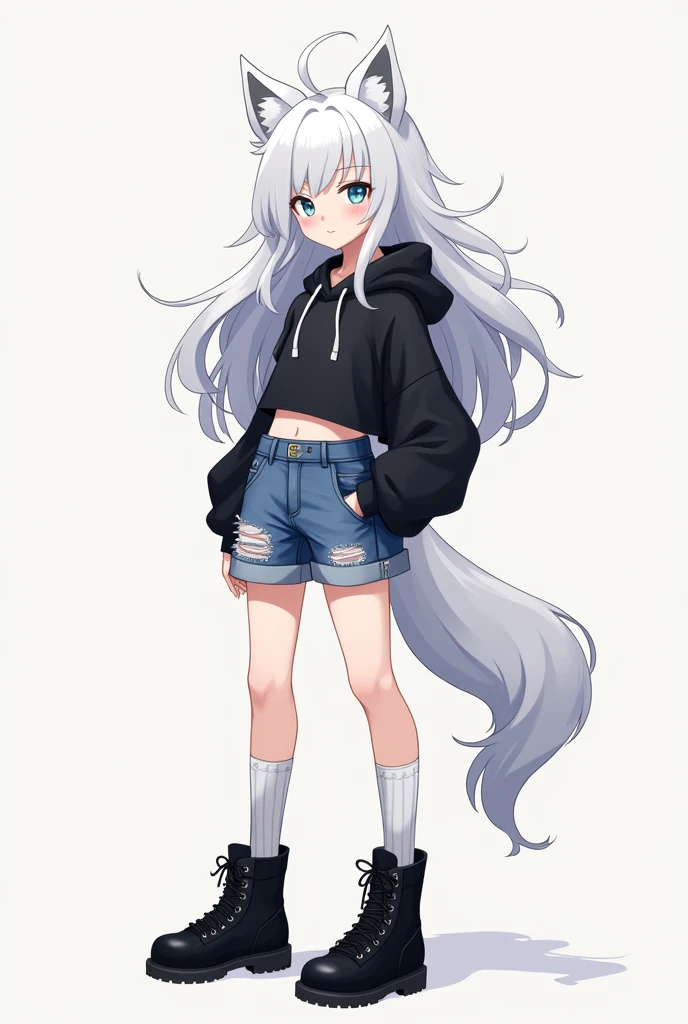 Single boy, Anime Femboy, short, long white hair, wolf ears, wolf tail, blue eyes, usando pantalones shorts de jean, thigh high socks, Black combat boots, wearing cropped black hoodie, flat chest, super flat chest, just femboy, Only a woman ((flat chest)), Wide hips, thick thighs, smiling