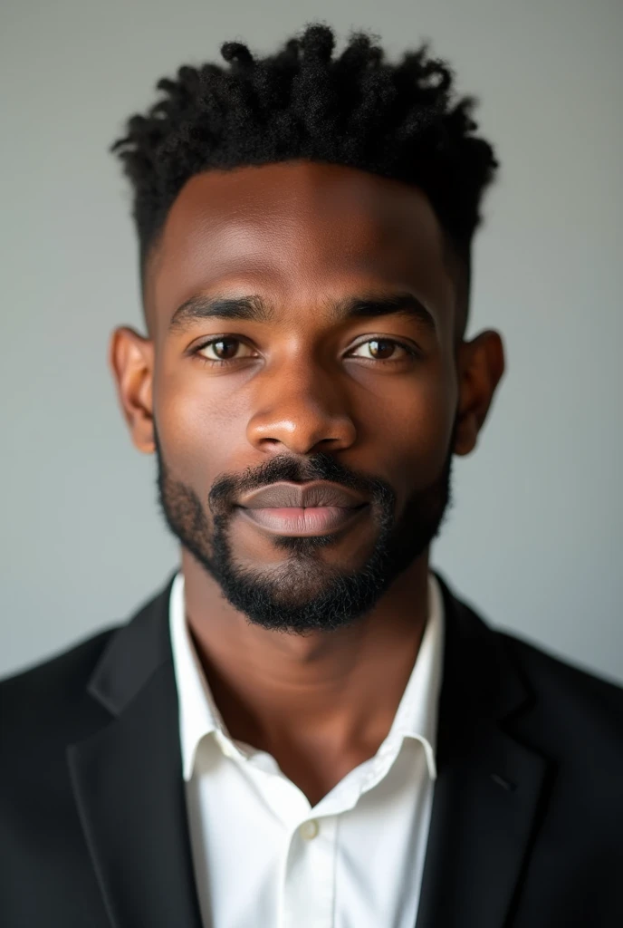 A young man same black color skin dressed in a black blazer over a white shirts light beard ,hair color black and black eye for passport size picture.