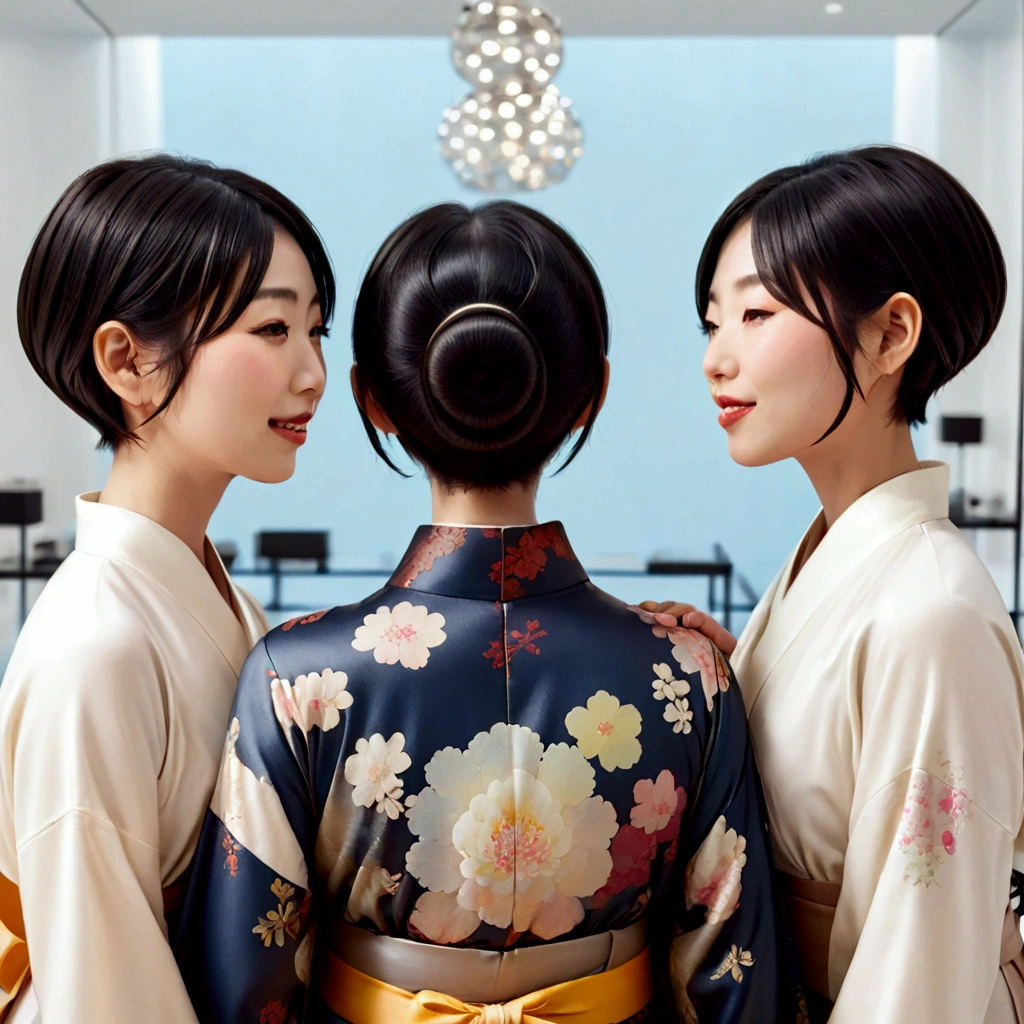 three japanese eldery mature ladies in kimono at luxerius office items sorrounded bright lighted modern office,their black straight bob hair back side made in to low single small ponytail while front parted hair maded into twin bun,100 liters of oil poured over their hairs making slick shinning like mirrors,tongues are highly visible,kissing 