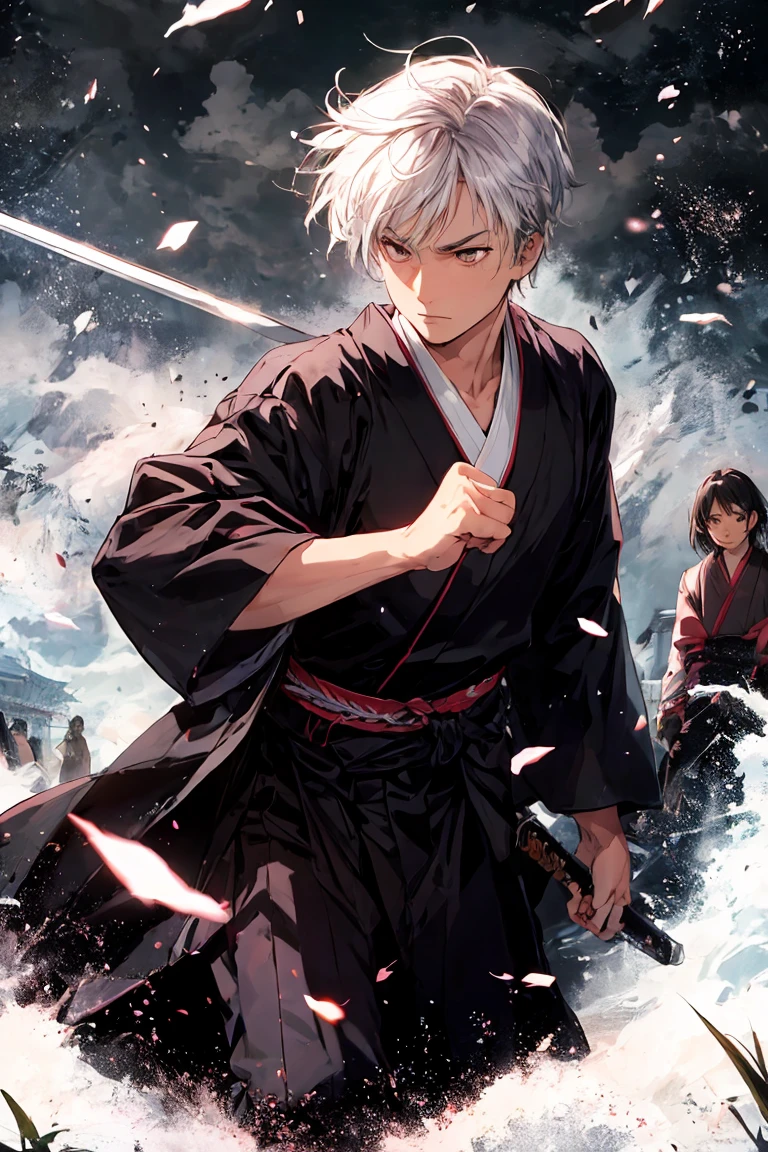 Mufune Toshiro, Toshiro Mifune, Japanese samurai, 55yo, upper body, dynamic, fighting stance, holding katana sword, grass field, rain, Temple, Japanese Temple, thunder, black cloud, black theme, dark theme background,
BREAK,
Close-up of face, fighting scene, looking the viewer, (Duel scene:1.5), (Holding a sword:1.5), (trying to keep up the pace:1.5), (Just before being attacked:1.5), dynamic angle, movie scene,
BREAK,
wearing a black japanese clothes, black dogi, black hakama, detailed clothes,
