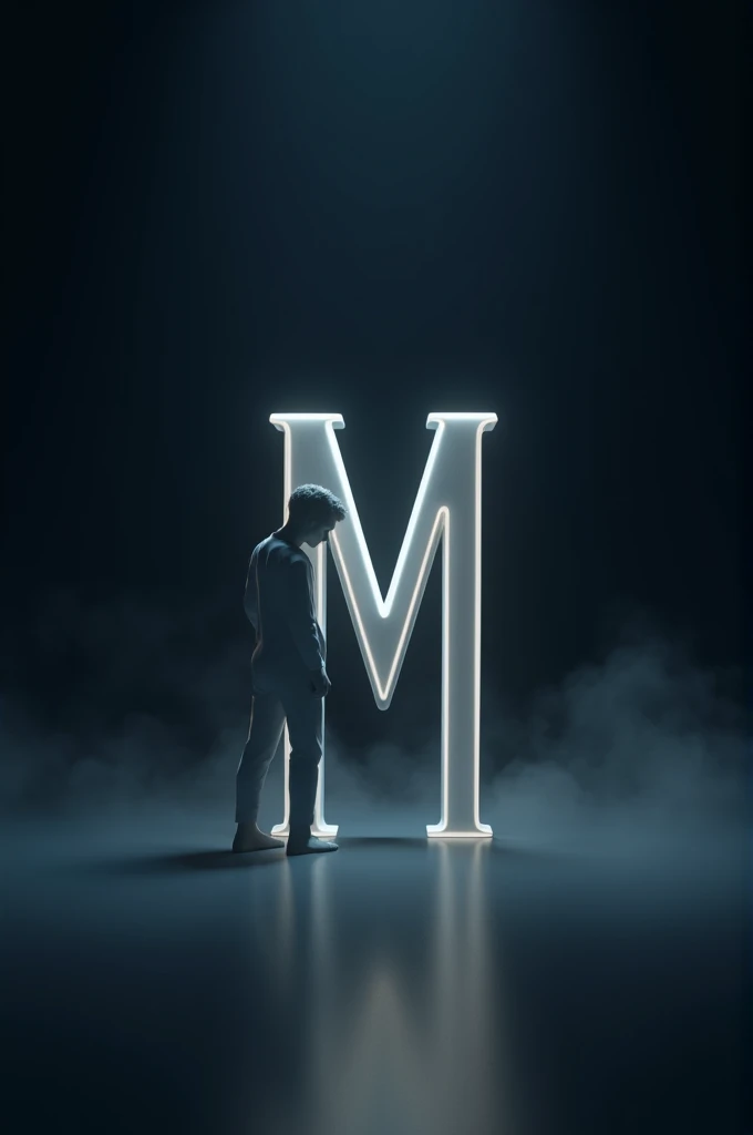 The background should be a dark gradient to keep the focus on the letter and the person. Ensure that the lighting gives a soft glow to the edges of the 3D letter M and casts subtle shadows