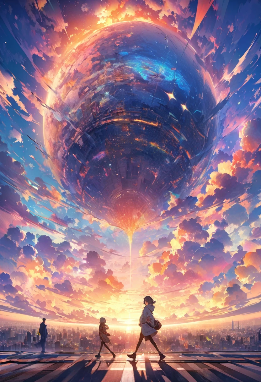 Create exquisite illustrations reminiscent of Makoto Shinkai's style, It has ultra-fine details and top-notch quality. angelic, detailed woman who is walking, woman wearing hoodie, highest billding in city, road, sunrise, horizon, skyline, in the sky, city of clouds, colorful, high-res, 8K