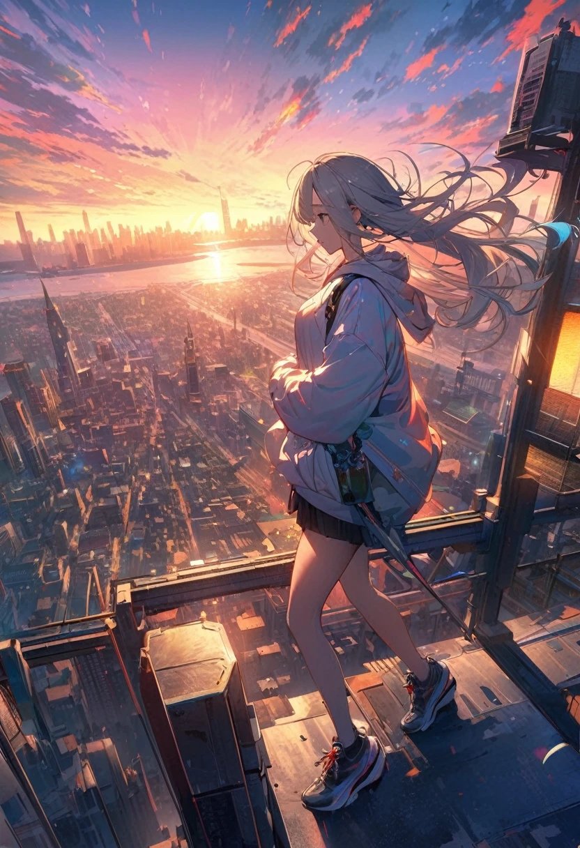 Create exquisite illustrations reminiscent of Makoto Shinkai's style, It has ultra-fine details and top-notch quality. angelic, detailed woman who is walking, woman wearing hoodie, highest billding in city, road, sunrise, horizon, skyline, in the sky, city of clouds, colorful, high-res, 8K