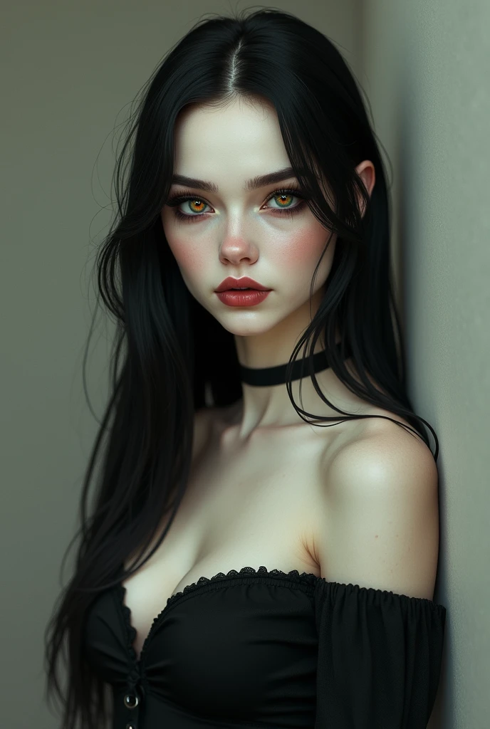(photorealism:1.2), young woman, White skin, European long straight black hair, slim, face heart, fine features, Orange eyes with emerald green streaks, vampire look small breast, Defined waist and shaped hips