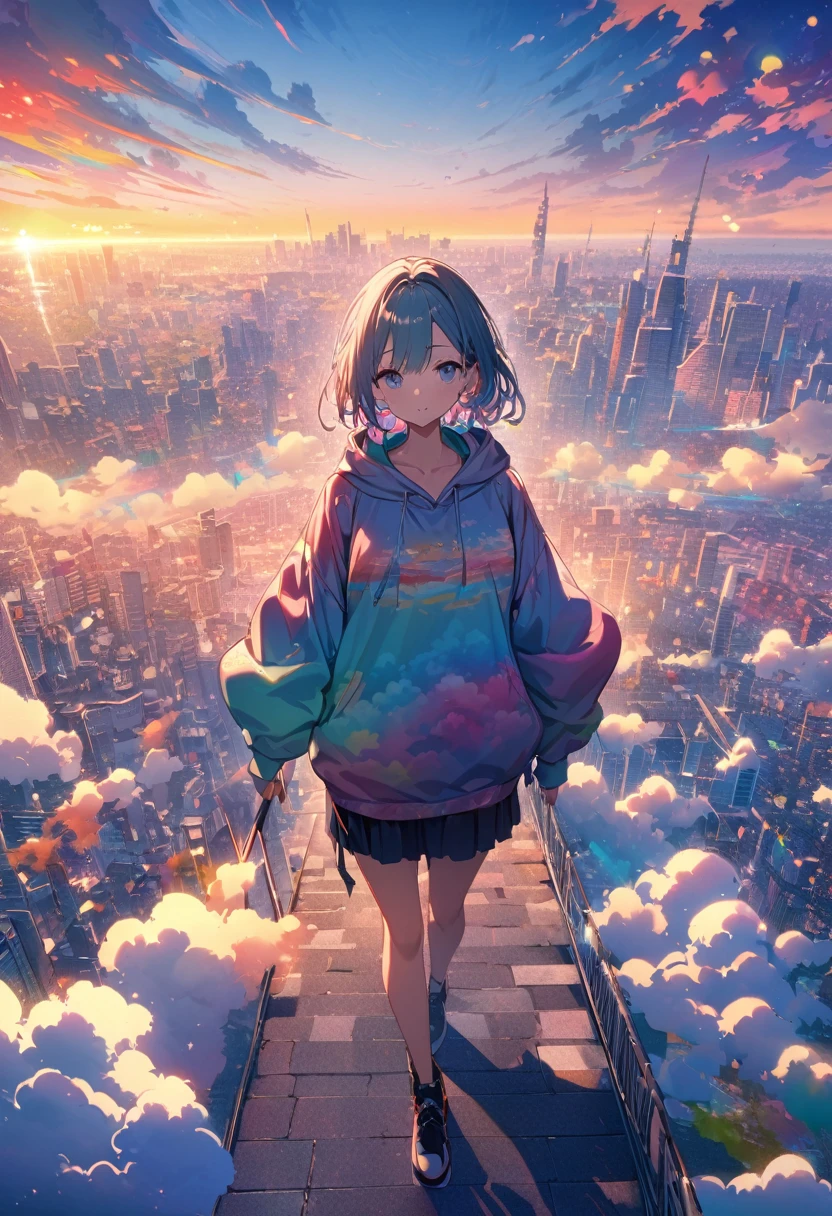 angelic, detailed woman who is walking, woman wearing hoodie, highest billding in city, road, sunrise, horizon, skyline, in the sky, city of clouds, colorful, high-res, 8K