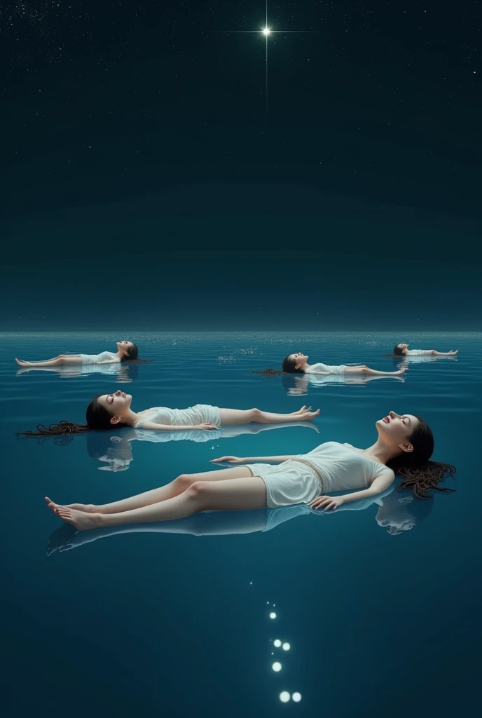 People floating on water, women, night, science