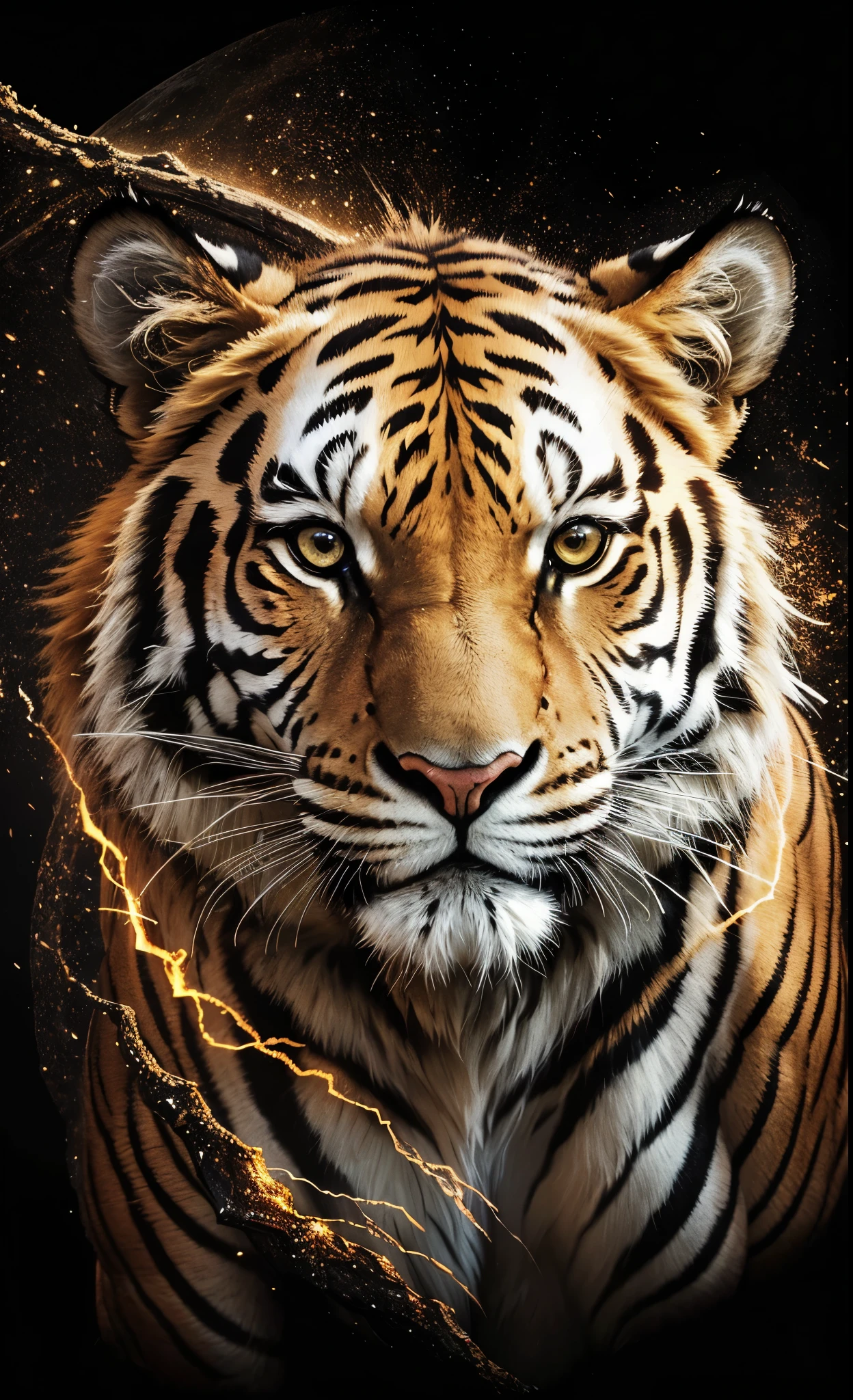tigre, Divine tiger, naturals, naturals, ferocious, masculine, mighty, Golden and white tiger, Powerful Tiger, naturey bela, Great Realistic, FullHD 8k, Light of sky, sunset night, Clear sky Sun, golden black, black andwhite, black and gold, detailed realistic face, 8k Detailed Realistic White Tiger, ultrarealistic 8k |Energia de thunder realista detalhada, Strong Creature realista detalhada, Strong Creature, male lion, Rendering, Fotorrealista 8k, UltraHD Alta definição 8k, Detailed Realista 16K, Nitidez Fotorrealista 8k, 16K photorealistic textures, Contraste Fotorrealista 8k, Sombras Fotorrealistas 8k, Luzes Fotorrealistas 8k, Detailed Realistic Sunset, Detailed Realistic leão Face, Detailed realistic light, detailed textures, thunder, detailed shadows, detailed colors, Celestial Electricity, Golden thunder, Realistic Lion, Ultra Realista 16K, Realista 16K, Realista 16K sharpness, 16K photorealistic textures, 16K realistic colors, powerful creature, Majestic power, Power of Heaven, Great Divine, naturals, detailed contrast, realistic contrast, high resolution, detailed colors, fire, villany, divine creature, 8k, realistic detailed, 16K, 8k, High definition, detailed contrast, realistic contrast, high resolution, detailed colors, fire, villany, divine creature, Realistic Power, Realistic Tiger, naturals thunders, Strong Eyes, naturey, fire, Sky P9wer, Water Power, thunder, realistic detailed, chic, ferocious,