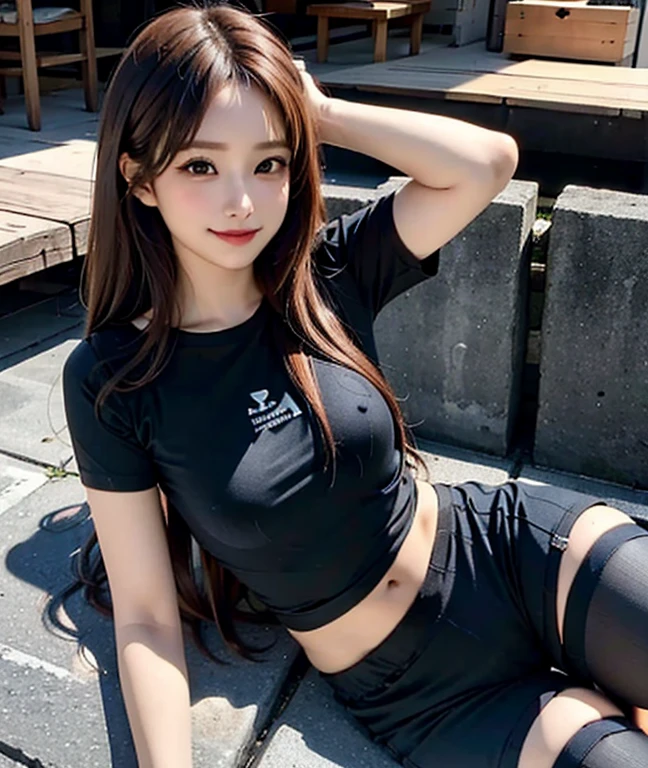 Masterpiece, high detailed, realistic, ultra realistic, ((hyper realistic)), woman with long hair, brown hair color, ((black t shirt / blue short pant)), smile, 16k,