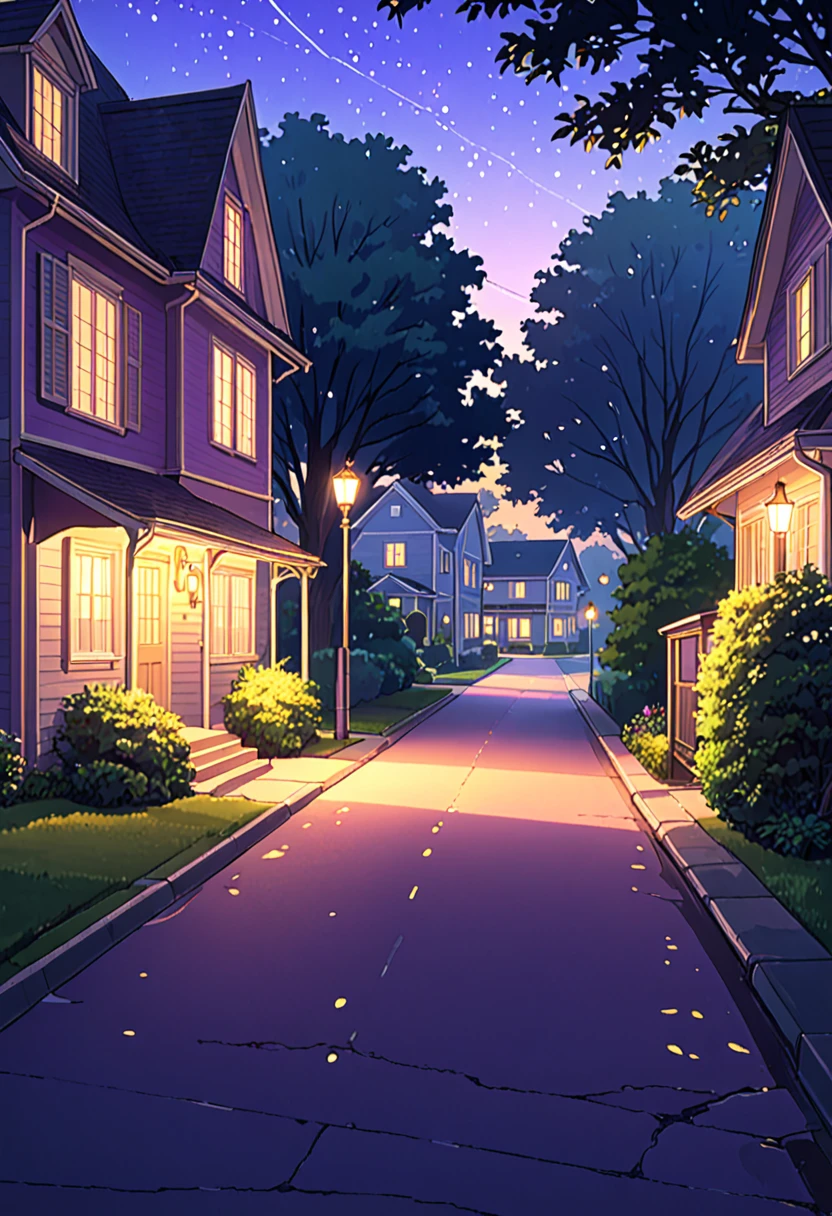 "An anime-style 4K wallpaper of a peaceful suburban neighborhood street at dusk. The scene features a vintage car parked in the driveway of a cozy house. Warm, golden lights glow softly from the house's windows, casting a welcoming aura. The sky above is a deepening twilight, transitioning from shades of purple to dark blue, with twinkling stars beginning to appear. Lush trees line the street, and shadows stretch gently across the pavement, creating a serene and nostalgic atmosphere."