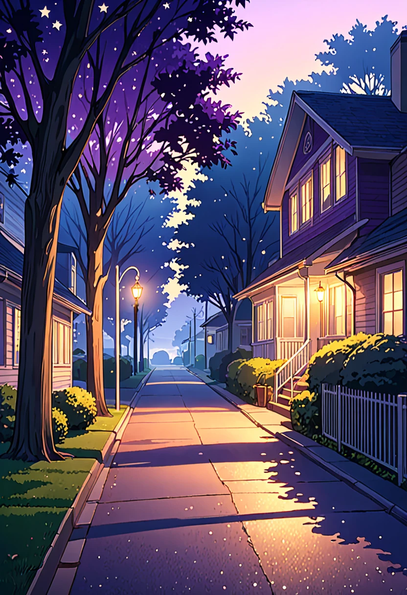 "An anime-style 4K wallpaper of a peaceful suburban neighborhood street at dusk. The scene features a vintage car parked in the driveway of a cozy house. Warm, golden lights glow softly from the house's windows, casting a welcoming aura. The sky above is a deepening twilight, transitioning from shades of purple to dark blue, with twinkling stars beginning to appear. Lush trees line the street, and shadows stretch gently across the pavement, creating a serene and nostalgic atmosphere."