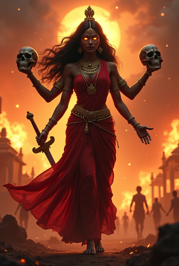 cinematic animated character art, shillouete of a strong woman dressed as godess Kali standing on street, wearing red saree, golden indian jewellery, dark skin, glowing eyes, long luscious hair, focused expression, wearing skulls as garland and holding a sword and skull, multiple arms, village set on fire in background, temple ruins, Chaos, people running, glowing particles in atmosphere , colour graded, vibrant, 4khd