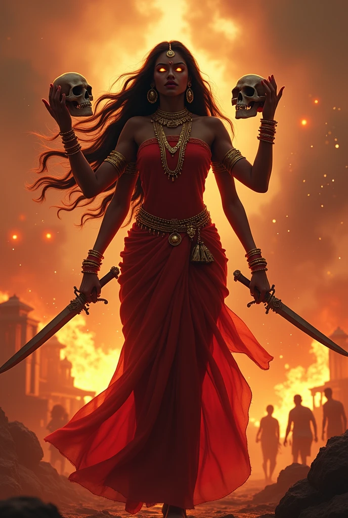 cinematic animated character art, shillouete of a strong woman dressed as godess Kali standing on street, wearing red saree, golden indian jewellery, dark skin, glowing eyes, long luscious hair, focused expression, wearing skulls as garland and holding a sword and skull, multiple arms, village set on fire in background, temple ruins, Chaos, people running, glowing particles in atmosphere , colour graded, vibrant, 4khd