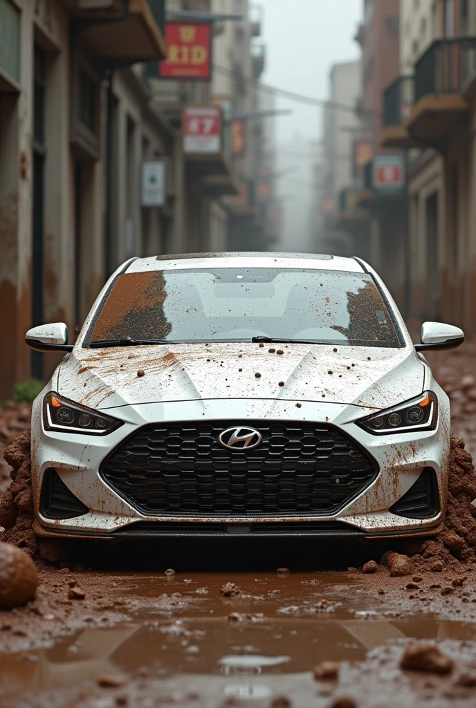 Generate an image in which A brand new white car   is full of mud and dirt all around in the city.